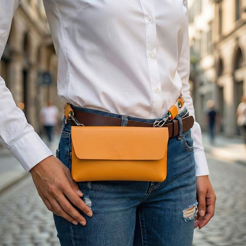 COZI-100%植鞣革 横式 多功能手机腰挂包 折叠手机包 胸包 手腕包 - 手机壳/手机套 - 真皮 橘色