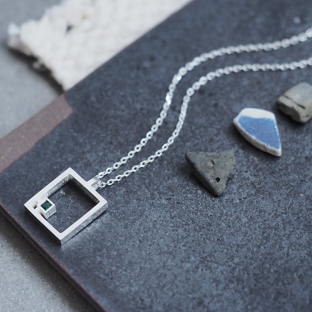 Emerald Square Frame Necklace Silver 925 - 项链 - 其他金属 绿色