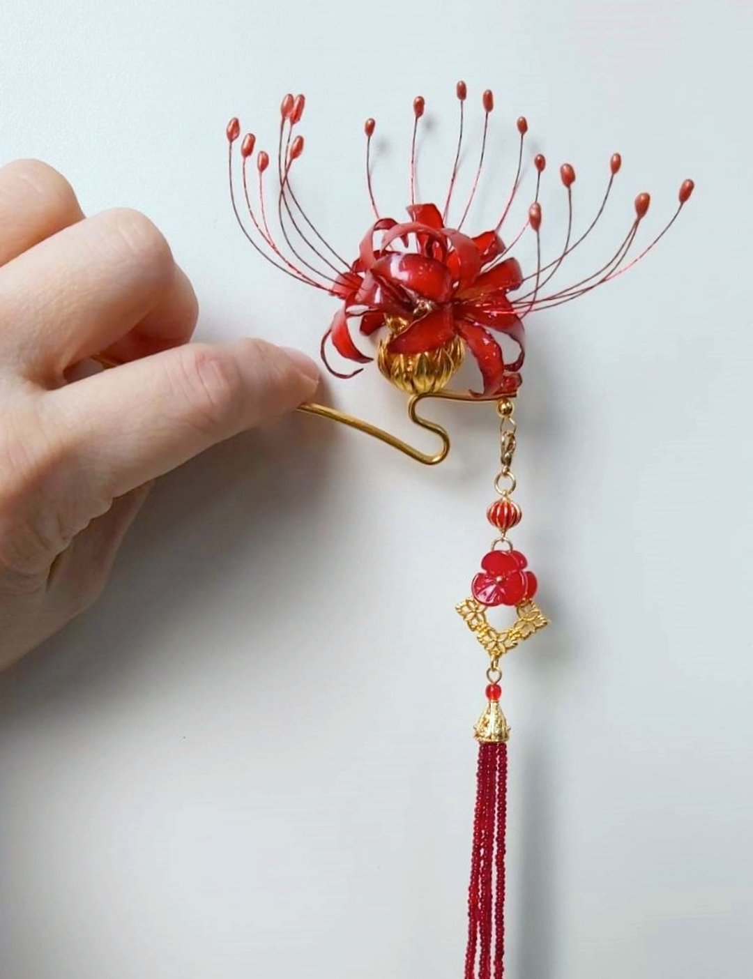 彼岸花系列【中国风】~蛇形发簪 (可拆式流苏) - 发饰 - 其他材质 红色