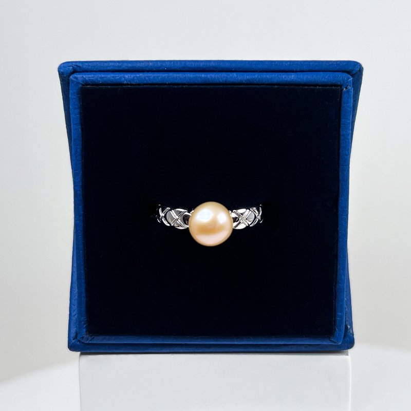 xx叉号纹xx天然淡水蜜桃粉色7.3mm珍珠戒指。925纯银。尺寸可调。 - 戒指 - 珍珠 粉红色