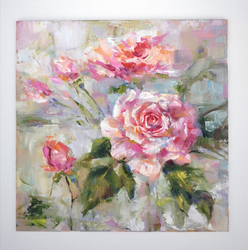 Rose Original Wall Art oil painting on canvas panel 25x25cm. - 海报/装饰画/版画 - 颜料 
