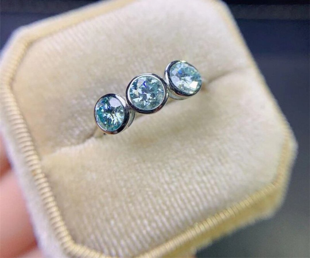 Light Blue Moissanite Ring, Blue Moissanite Half Eternity Band - 戒指 - 其他材质 银色
