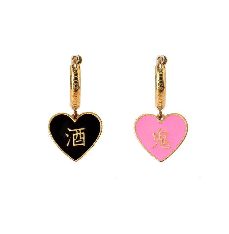 酒/鬼 双面耳环 • 黑粉红色 - 耳环/耳夹 - 不锈钢 黑色