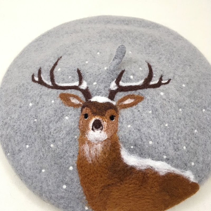 原创 羊毛毡手作 雪中鹿 画家帽 - 帽子 - 羊毛 银色