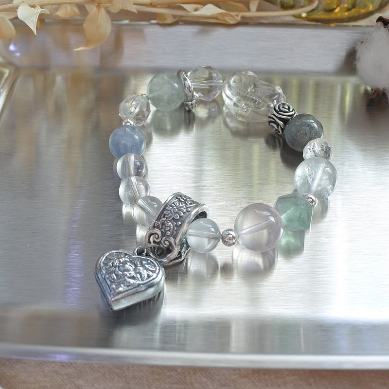 鸣心 :: 纯银双心 :: 爱心九尾雕刻手串 - 手链/手环 - 纯银 银色