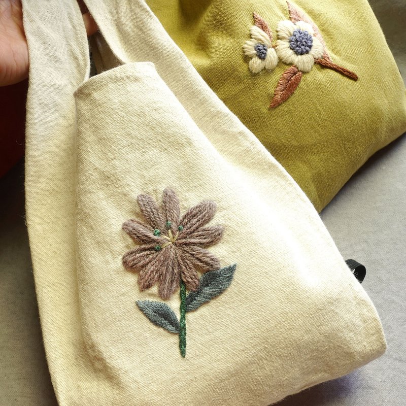 | 毛线手刺绣 x 棉麻布提袋 | 棉米白 | 减塑慢时光 | 购物袋 - 手提包/手提袋 - 棉．麻 白色