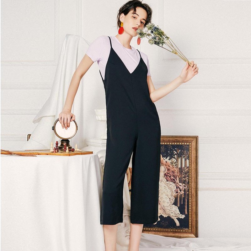 新款文艺女装后背系带休闲 连体裤 - 女装长裤 - 聚酯纤维 黑色