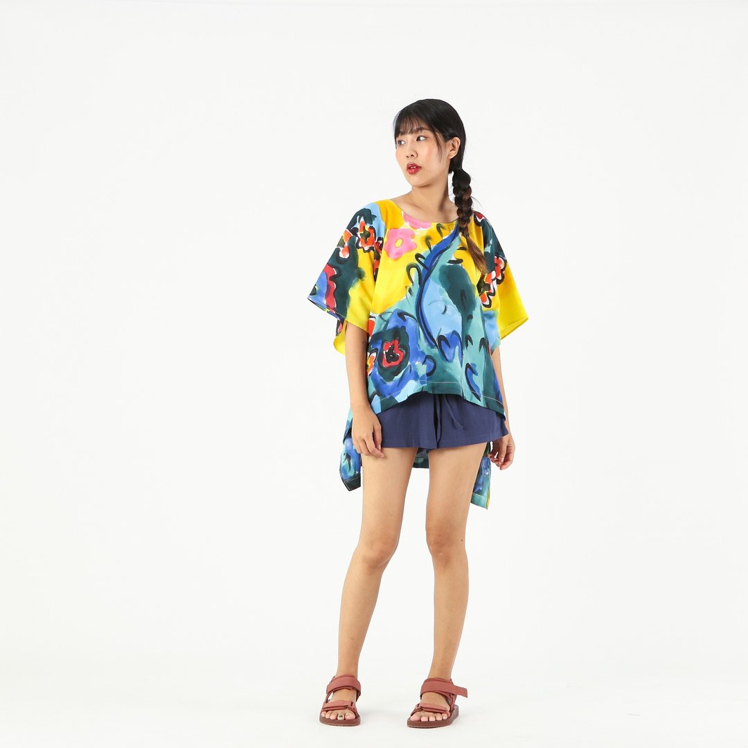 Poncho Blouse Linen Hand Paint For Summer Beach Vacation - 女装上衣 - 棉 蓝色