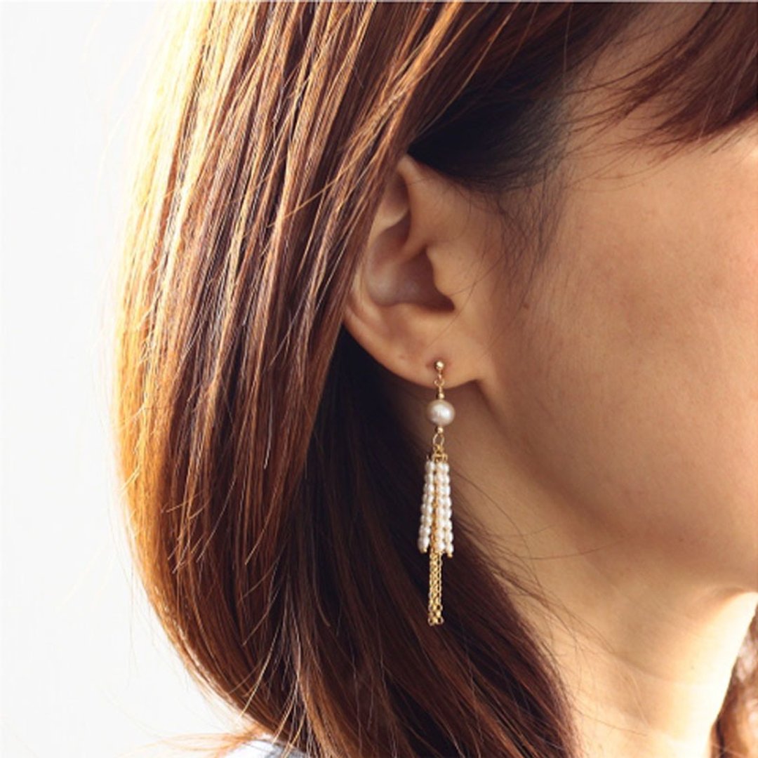Fringe design earrings 14KGF and freshwater pearl fringe design earrings FringePr01 - 耳环/耳夹 - 宝石 金色