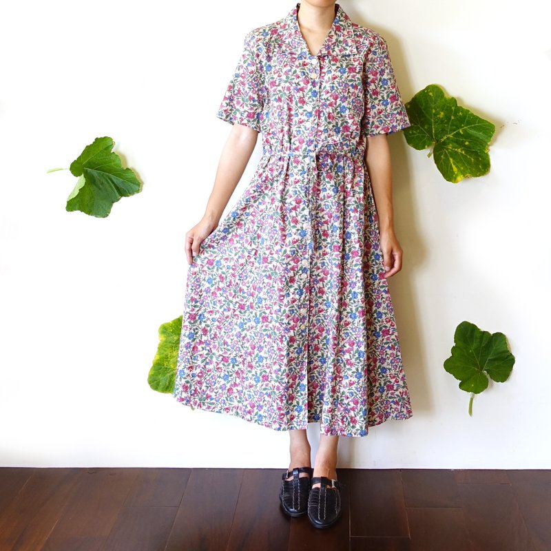 BajuTua/古着/红蓝乡村碎花大翻领洋装 - 洋装/连衣裙 - 棉．麻 蓝色