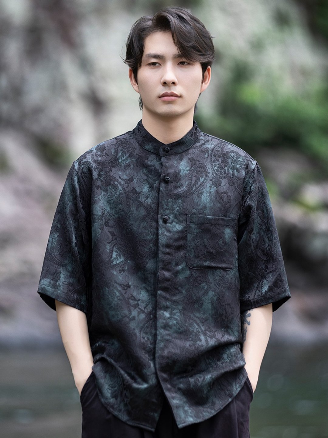 新中式复古 立领盘扣短袖衬衫 扎染唐装上衣 - 男装衬衫 - 其他材质 多色