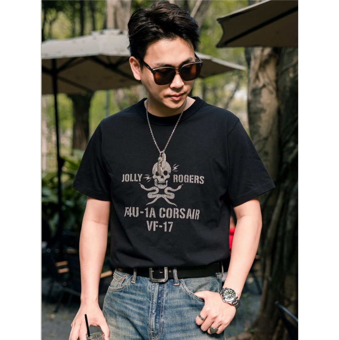 美式复古印花T-SHIRT 纯棉 水性油墨 短袖 舒适透气 美军 喷射机 - 男装上衣/T 恤 - 棉 黑色
