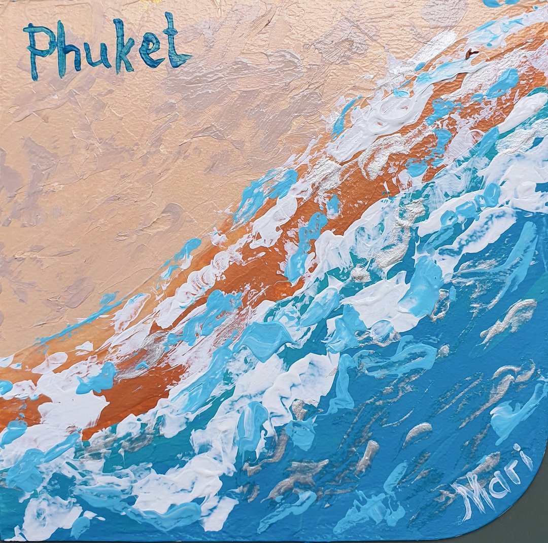 Beach Sand Painting Phuket Thailand Original Art Seascape Holidays Wave Sea Foam - 海报/装饰画/版画 - 其他材质 蓝色