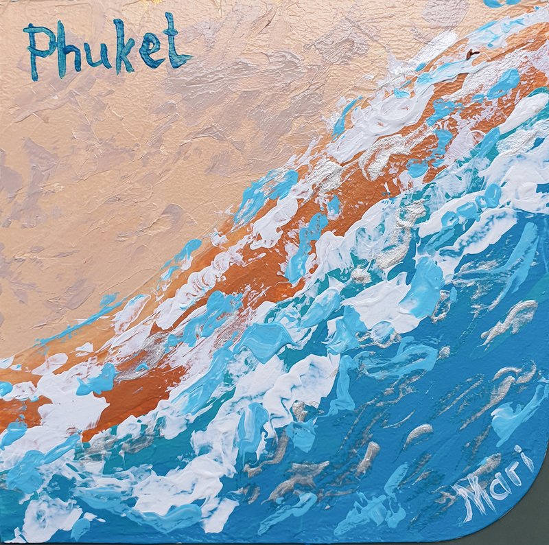 Beach Sand Painting Phuket Thailand Original Art Seascape Holidays Wave Sea Foam - 海报/装饰画/版画 - 其他材质 蓝色