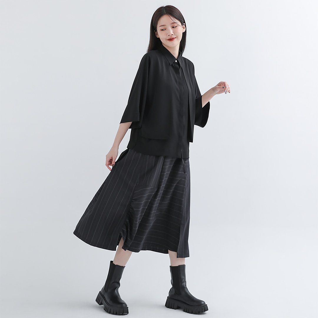 Lihe_离合不对称裙_22SF201_黑条 - 裙子 - 聚酯纤维 多色