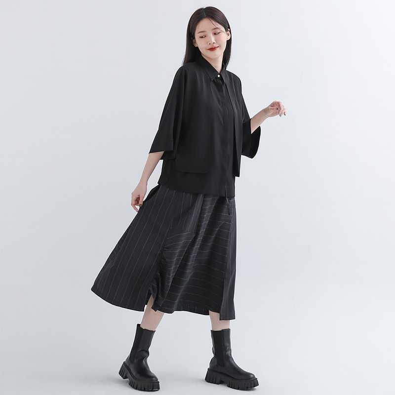 Lihe_离合不对称裙_22SF201_黑条 - 裙子 - 聚酯纤维 多色
