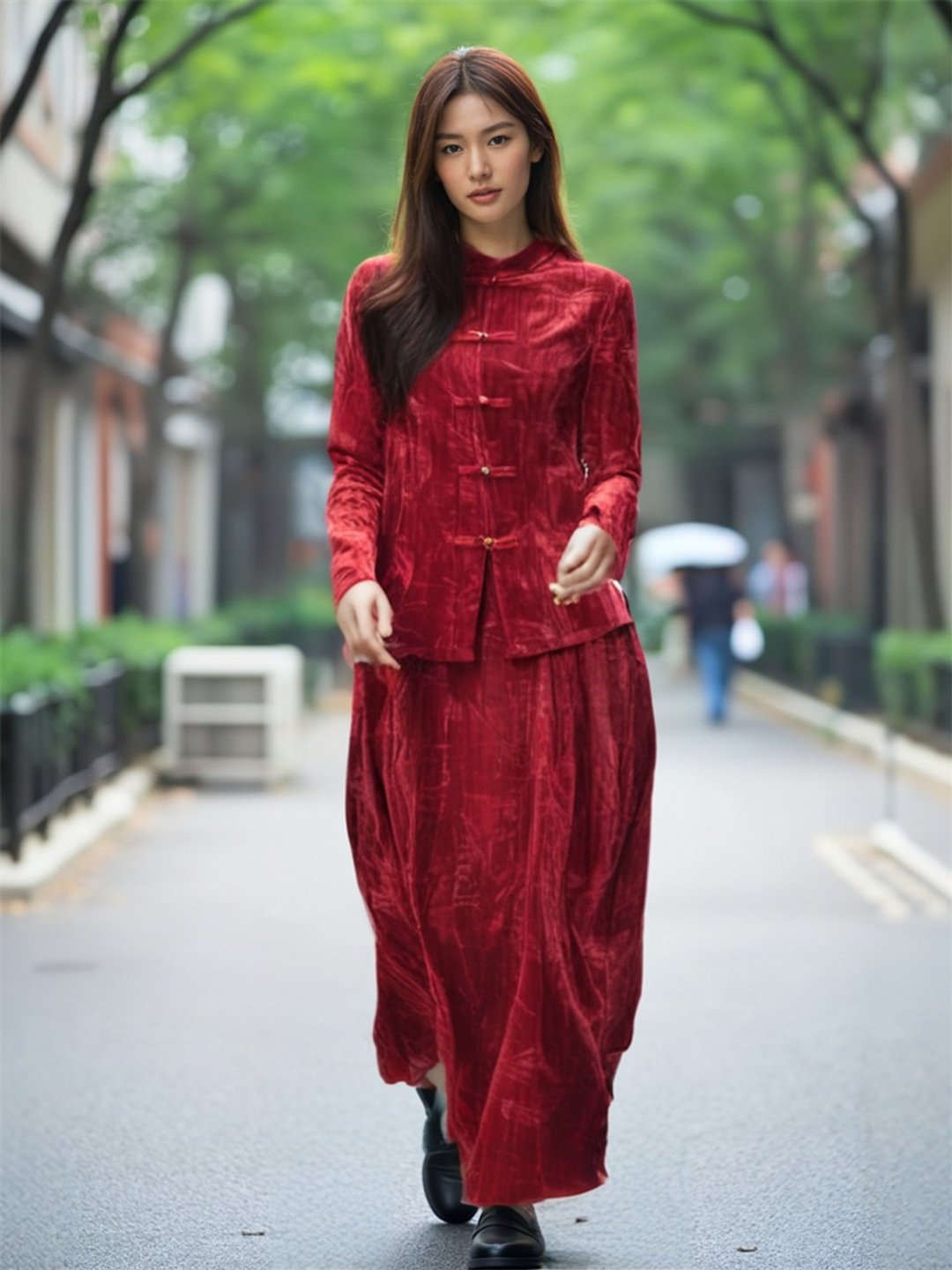 紅色 新中式絲絨套裝 盤扣秋冬氣質洋氣訂婚禮服 敬酒服兩件套 - 旗袍 - 其他人造纤维 红色
