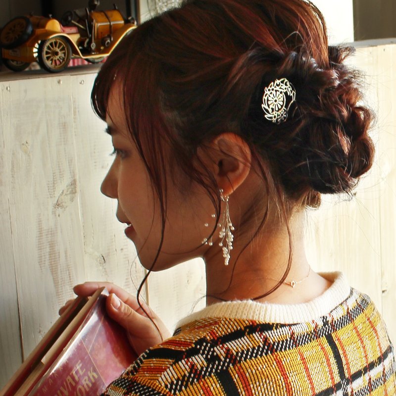 KANZASHI Hair pin 【Wreath / Sangria】 - 发饰 - 其他金属 银色