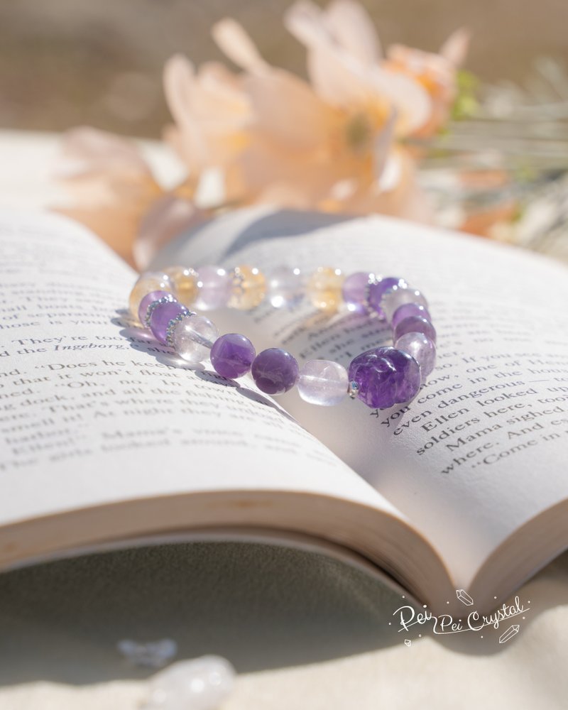 紫水晶貔貅 紫兔毛 薰衣草紫晶 天然水晶手链 守护能量款 - 手链/手环 - 水晶 紫色