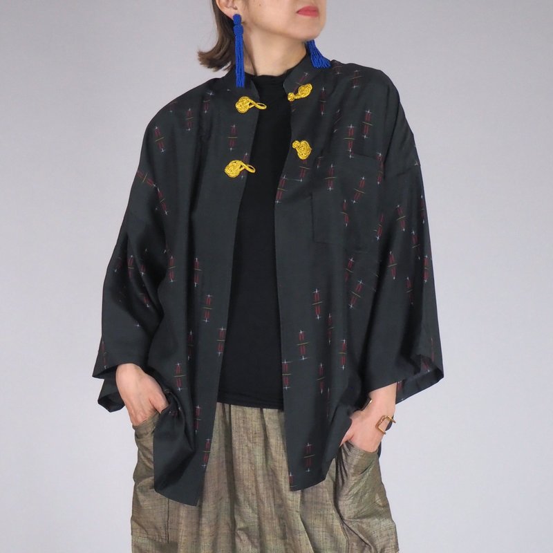 【日本制】 黑色羽织翻版衬衫、女式 M-L、柔软丝绸、和服升级改 - 女装休闲/机能外套 - 丝．绢 黑色