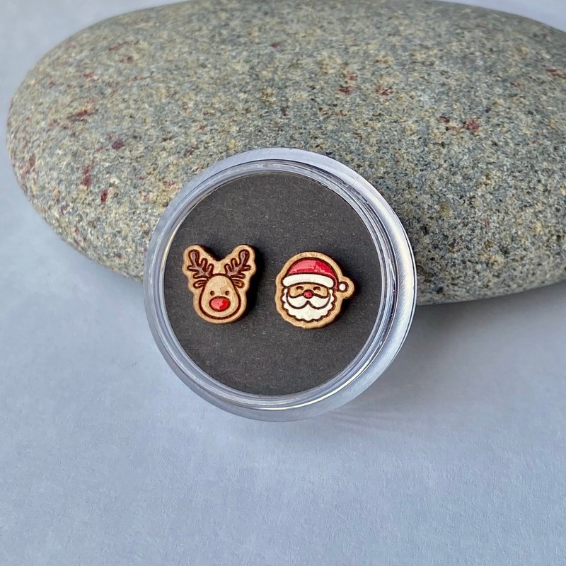 【圣诞限定】彩绘木耳环- 老公公VS麋鹿(表情随机) - 耳环/耳夹 - 木头 红色