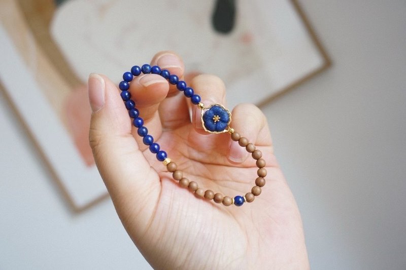 天然青金石迈索尔老山檀手链搭配银镶青金石花有钱花文玩手链4mm - 手链/手环 - 玉石 