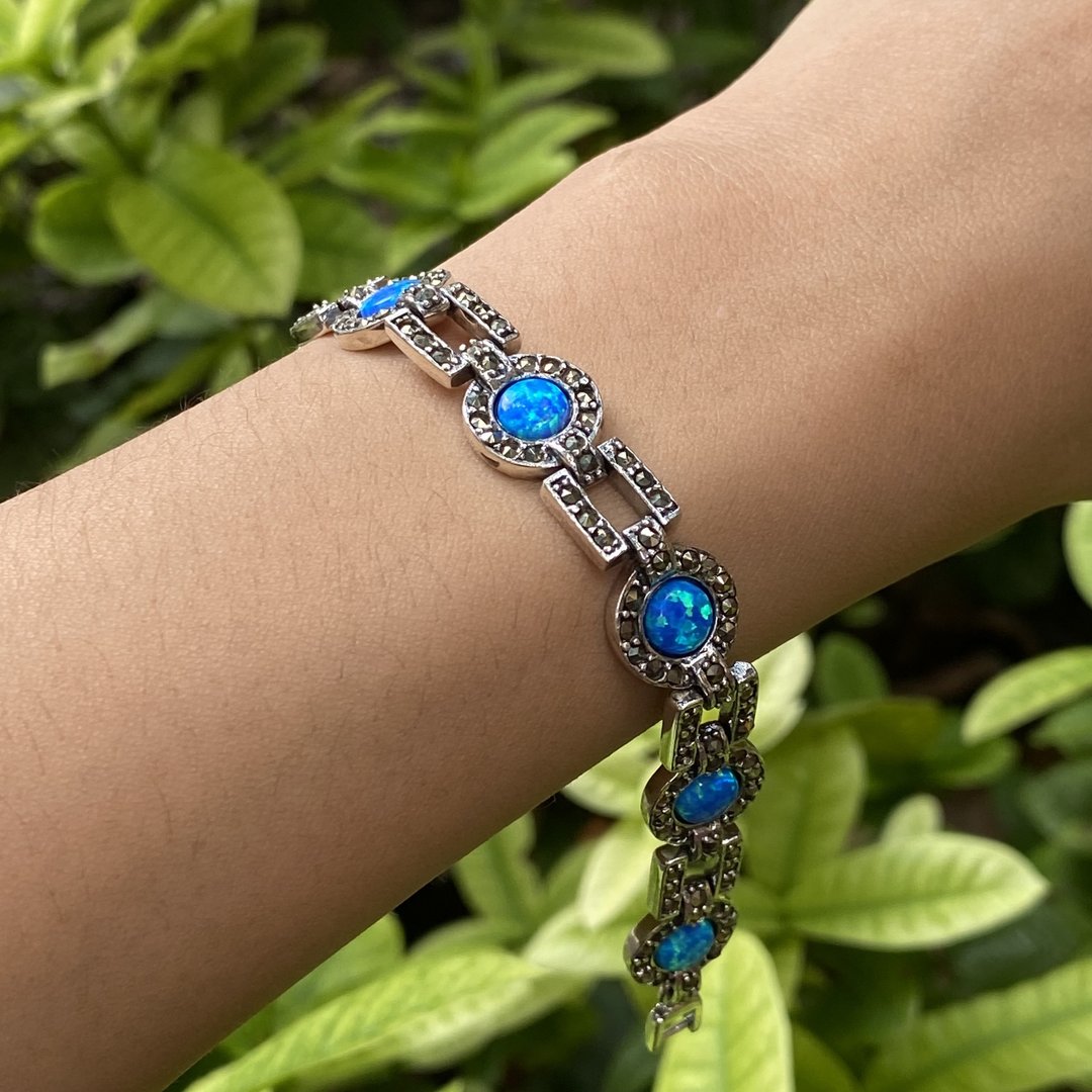 Art Deco Dark Blue Gilson Opal &amp; Marcasite Tennis Bracelet 925 Sterling Silver - 手链/手环 - 纯银 蓝色