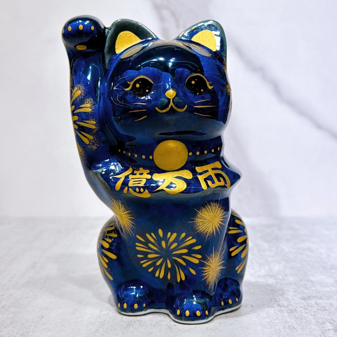 【墨夜花福】日本清水烧招财猫 | 青墨 花火 亿万両 - 摆饰 - 瓷 蓝色