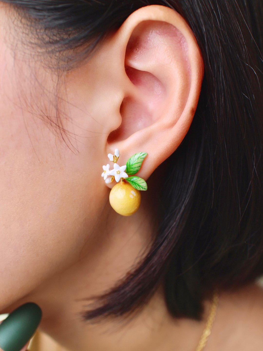 Lemon Earrings, Fruity Blossom, Enamel Ring, Asymmetrical earrings. - 耳环/耳夹 - 其他金属 黄色