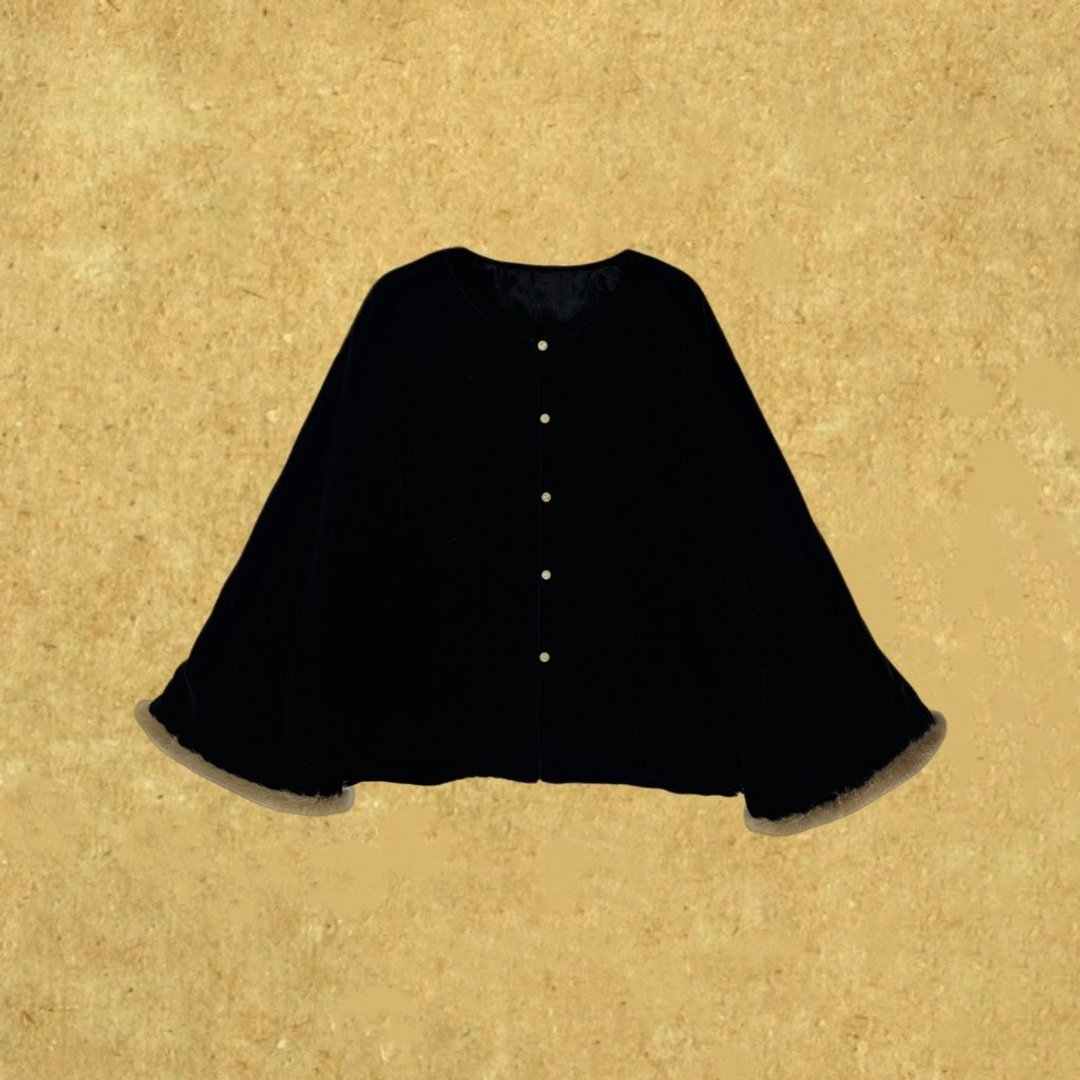 【踏雪】新中式復古/真丝丝绒对襟棉服上衣 - 女装上衣 - 丝．绢 黑色