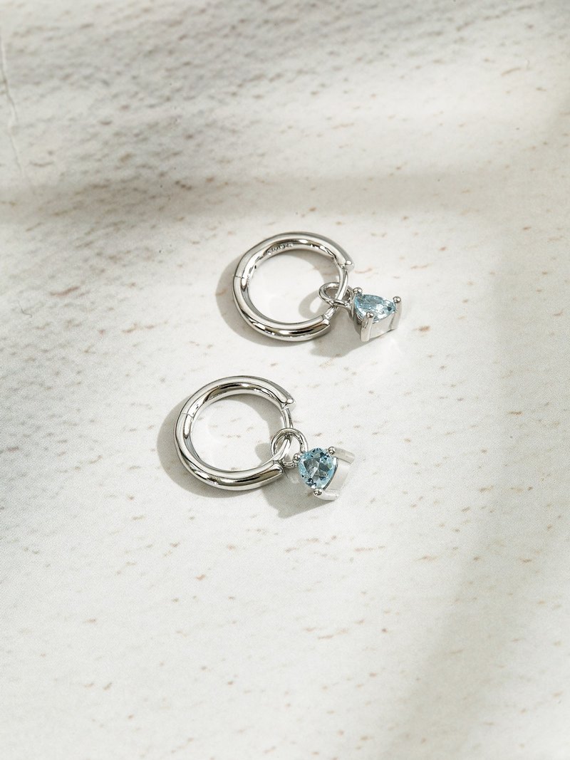 三角形环形吊石海蓝宝925纯银耳环(银/玫瑰金/18K金) | 三月诞生 - 耳环/耳夹 - 宝石 蓝色