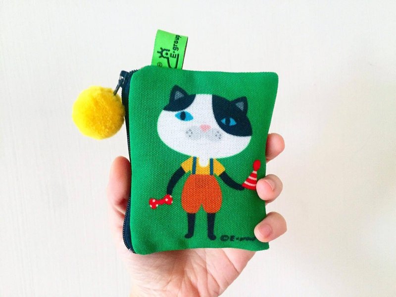 E*group 小方块包 双面设计  teddy大地  零钱包 卡片包 猫 - 皮夹/钱包 - 棉．麻 绿色
