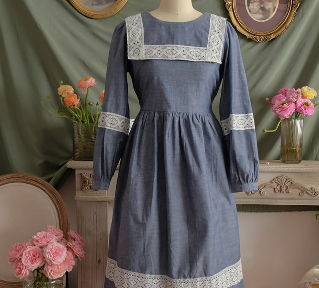 【手工制作】法式复古 海军领蕾丝蓝色轻LO少女连衣裙 - 洋装/连衣裙 - 棉 蓝色