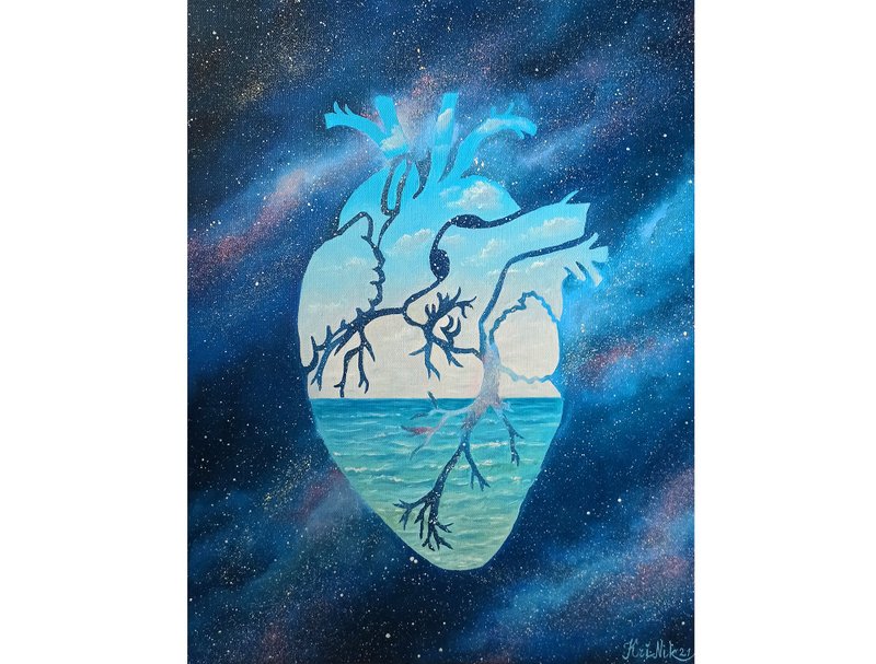 Space Painting Galaxy Canvas Oil Painting Surrealism Original Art Seascape Heart - 海报/装饰画/版画 - 其他材质 蓝色