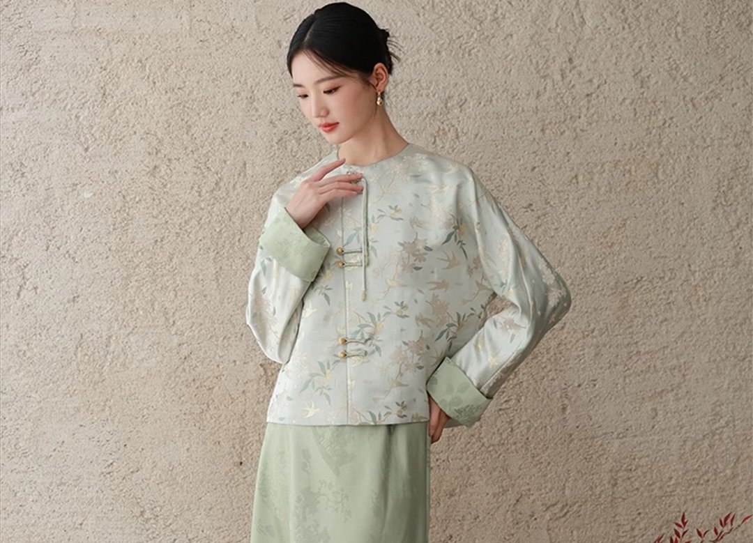 新中式中国风 金丝花鸟提花唐装盘扣 上衣/半裙 - 女装上衣 - 其他材质 绿色