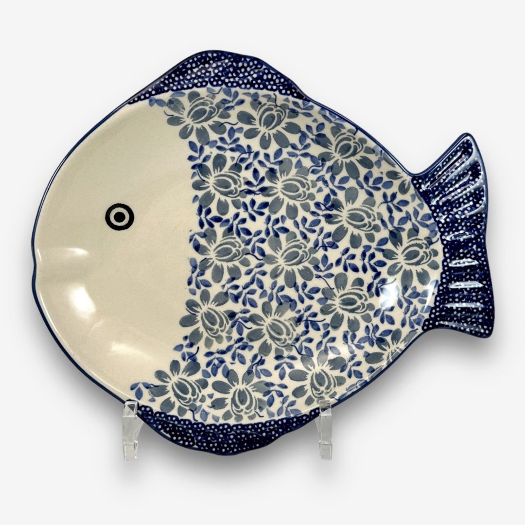 波兰手绘手工陶-鱼型盘 25cm 一抹蓝彩系列 设计师款 - 盘子/餐盘/盘架 - 陶 蓝色