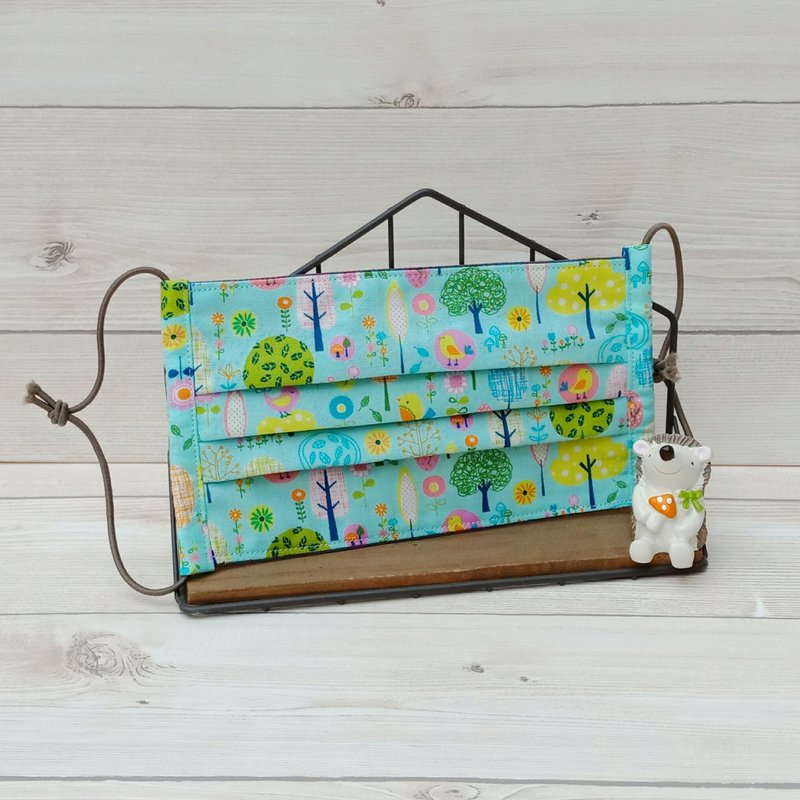 【布口罩】可放滤材/背面有开口/树林里的鸟 - 口罩 - 棉．麻 绿色