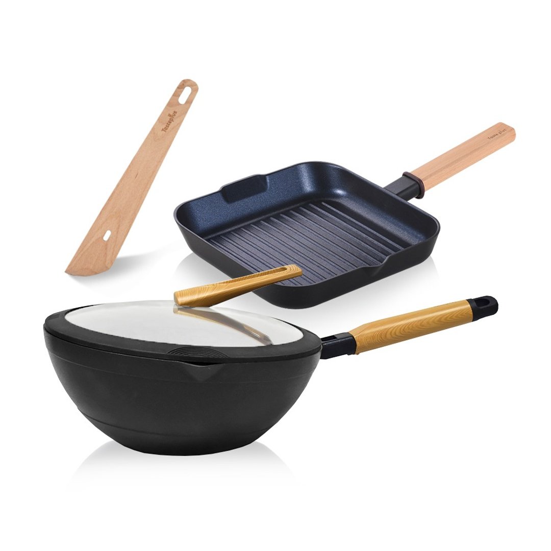 【Taste Plus】悦味元木 钻石级内外不沾锅 炒锅30cm+牛排锅24cm - 锅具/烤盘 - 铝合金 黑色
