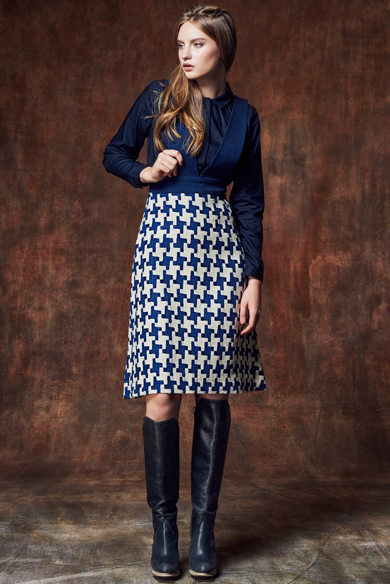 YUWEN  蓝白千鸟格吊带Ａ字裙 - 裙子 - 羊毛 蓝色