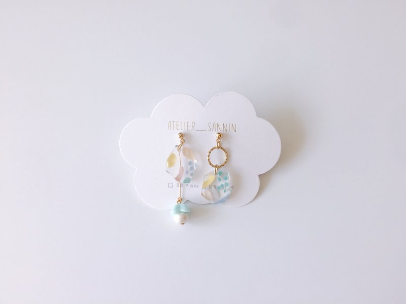 粉粉水族箱系列-贝壳宝箱 手绘 手作 垂坠 耳环 - 耳环/耳夹 - 其他材质 粉红色