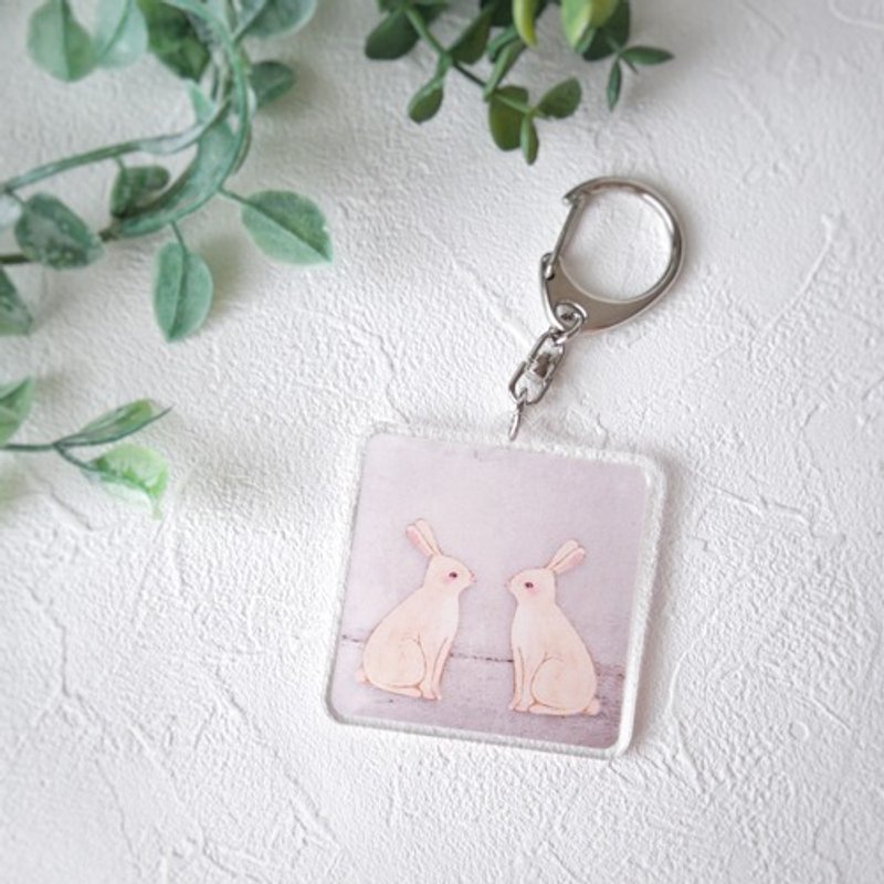 压克力钥匙圈 (方形 / 兔子插画) - 吊饰 - 塑料 粉红色