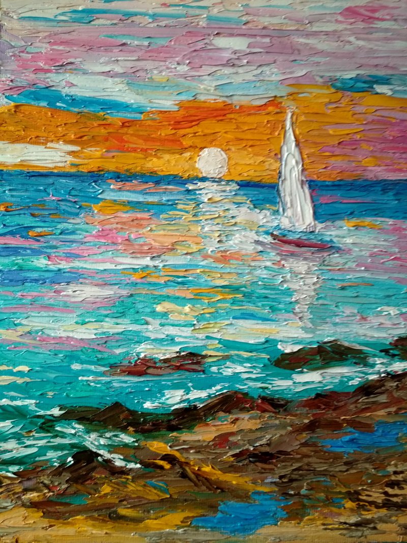 Original oil painting Sunset Seascape White sail, 24x18 cm - 墙贴/壁贴 - 其他材质 