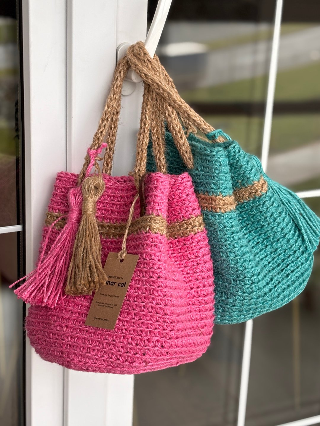 Crochet Round Jute Bag  size, Crochet Jute Handbag, Reusable Bag - 手提包/手提袋 - 环保材料 多色