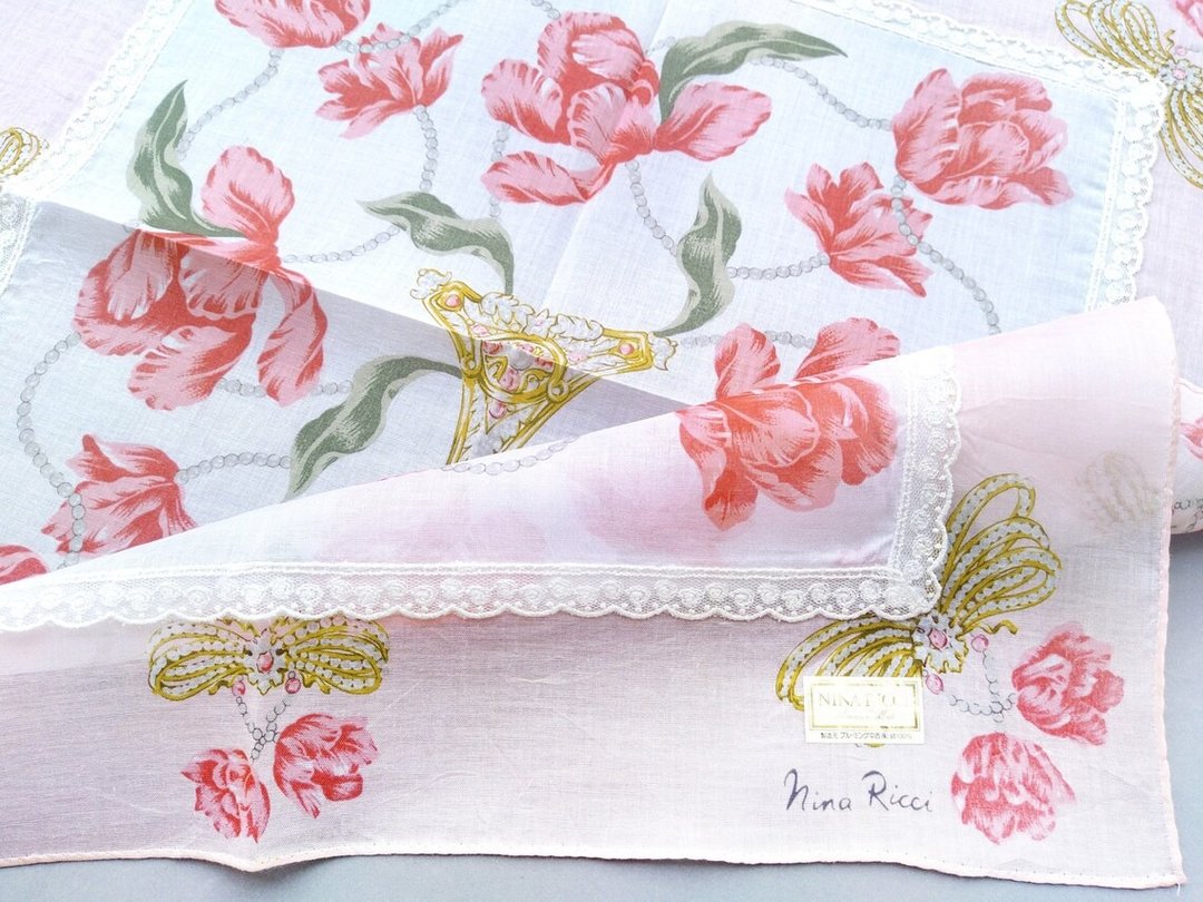 Nina Ricci Vintage Handkerchief Red Tulip Jewel 18 x 18 Inches - 手帕/方巾 - 棉 蓝色