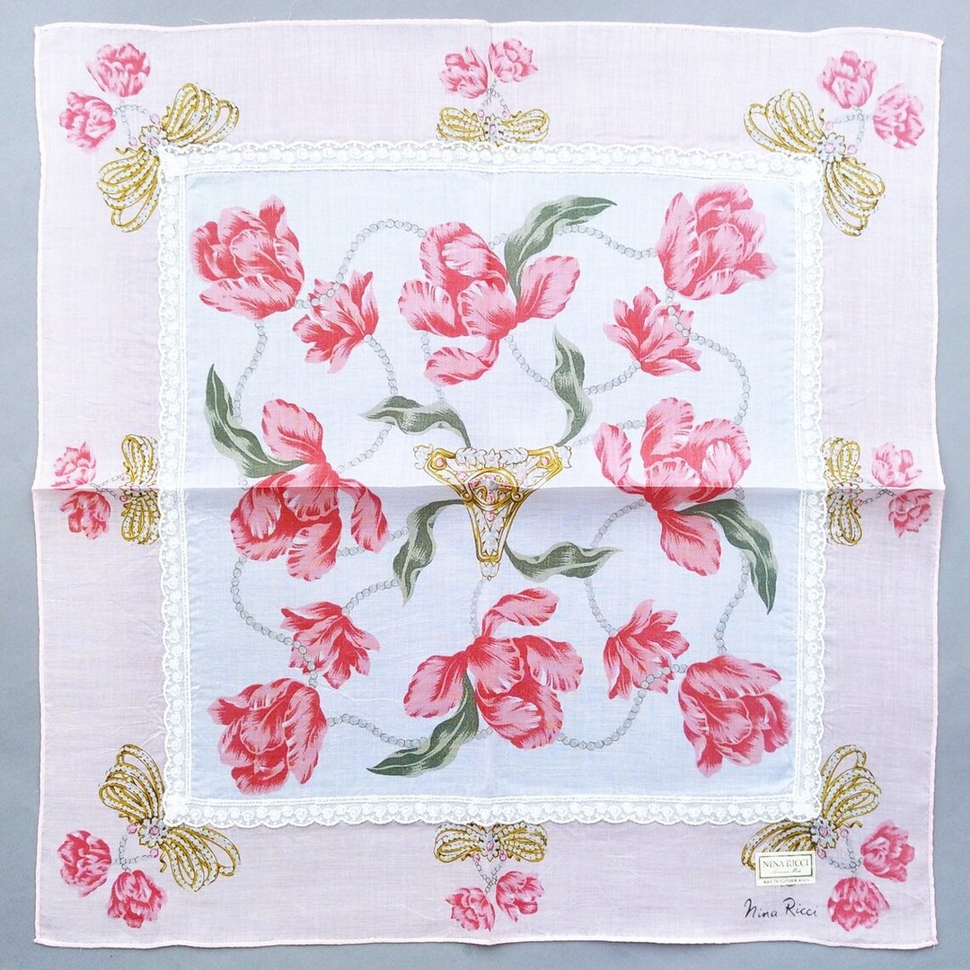 Nina Ricci 古董蕾丝滚边手帕：郁金香与珠宝印花 (18 英寸) - 手帕/方巾 - 棉 蓝色
