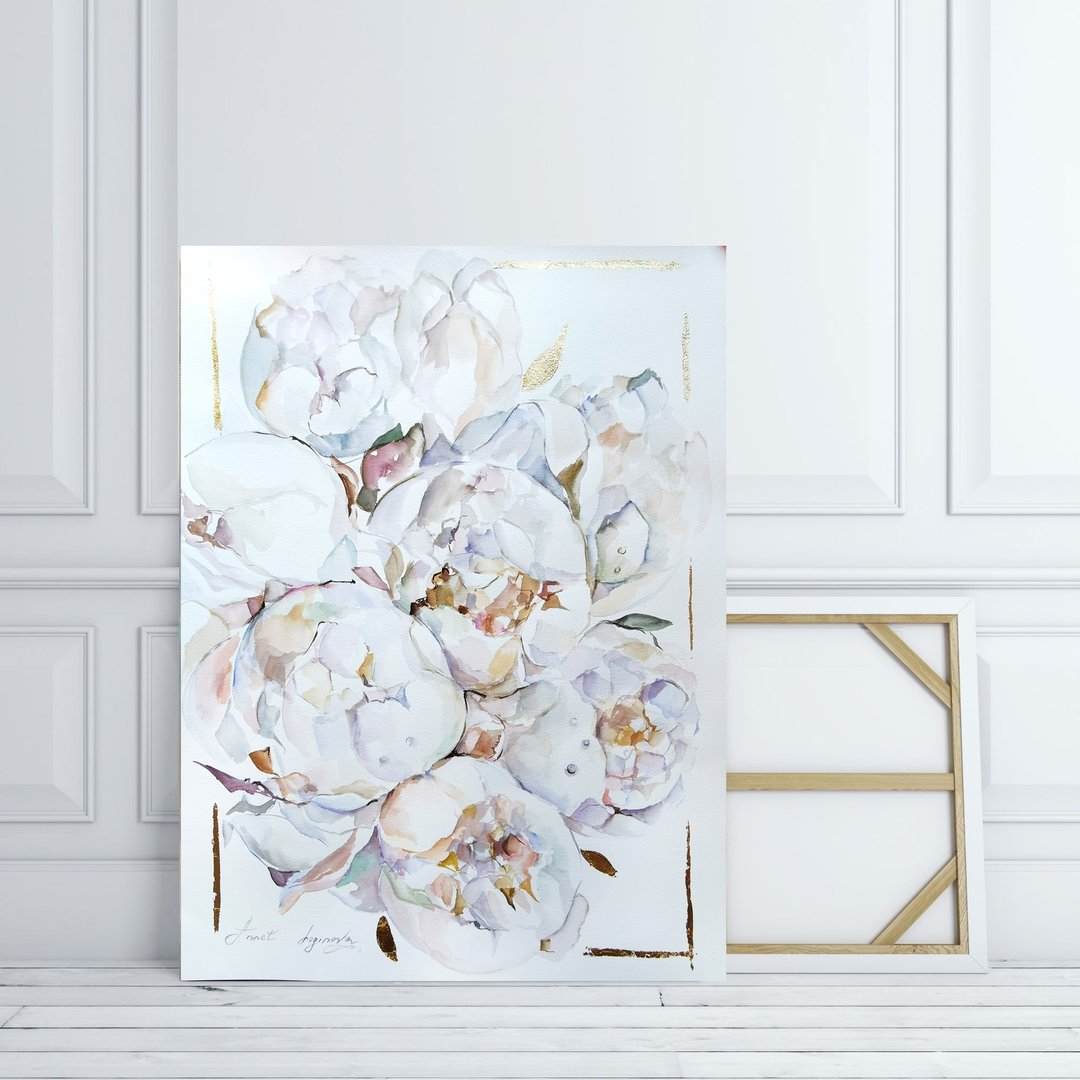白牡丹 大型 Giclée 帆布镀金版画。花卉艺术。 - 墙贴/壁贴 - 其他材质 多色