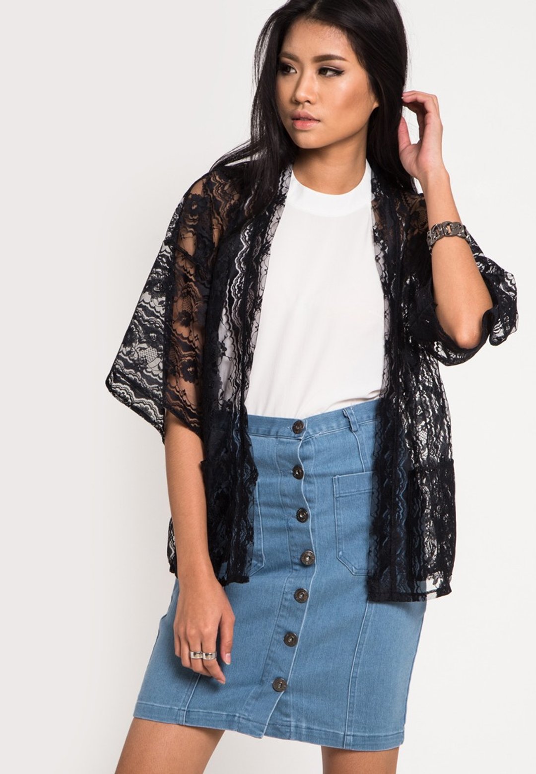 BLACK CACTUS Lace Kimono - 女装休闲/机能外套 - 棉 黑色