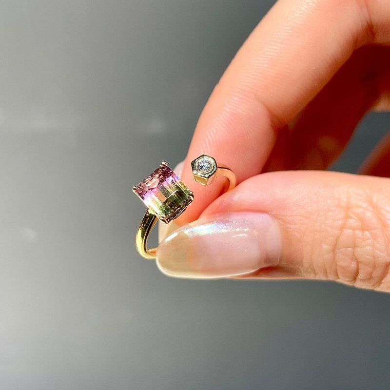 The Satellite  -  天然西瓜双色碧玺 (1.21ct) 18k黄金钻戒 - 戒指 - 贵金属 金色
