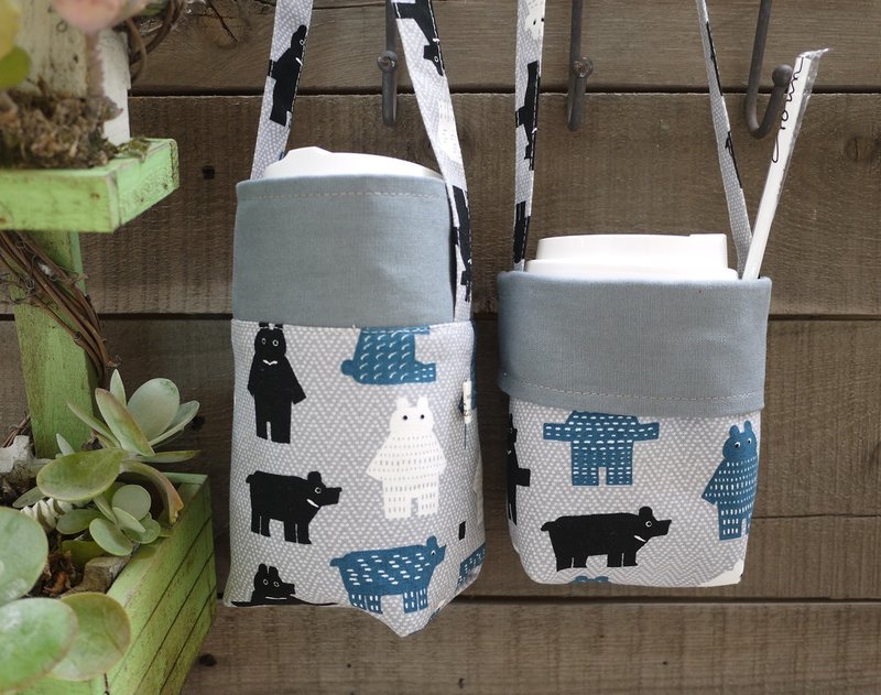 礼物 首选双面用饮料提袋~~(灰熊厉害)一面大杯一面中杯 - 随行杯提袋/水壶袋 - 棉．麻 灰色