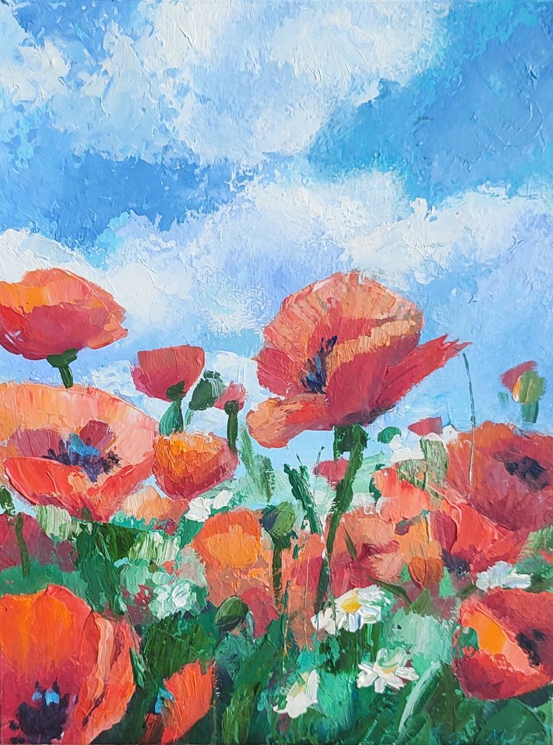 罂粟花油画花卉小幅艺术罂粟花艺术品风景画 - 墙贴/壁贴 - 其他材质 红色